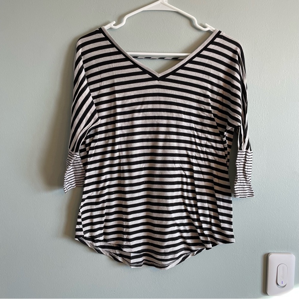 *Black and White Striped V Neck Shirt Small